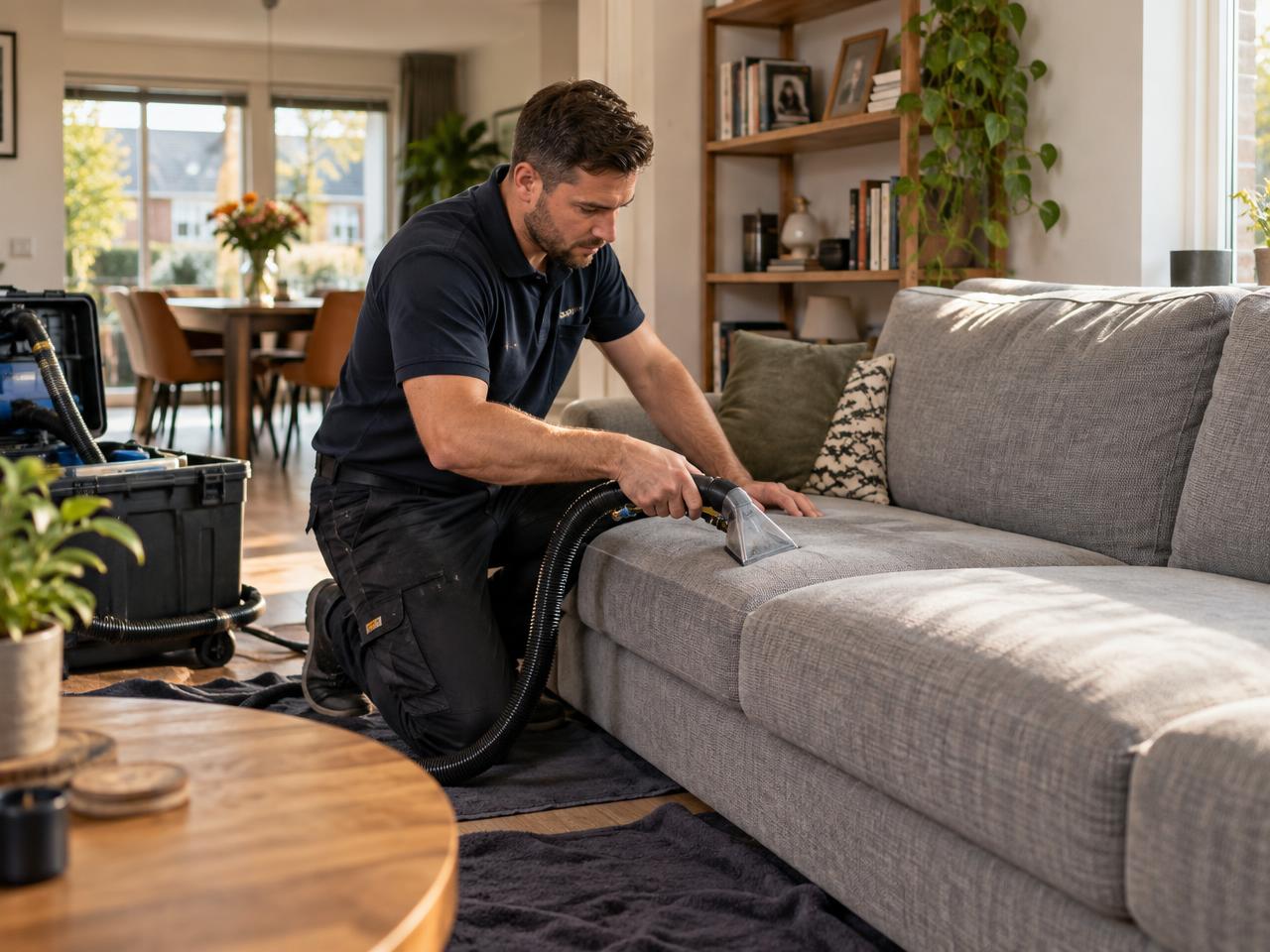 TNCLEAN-specialist knielt een stoffen bank te behandelen in een woonkamer